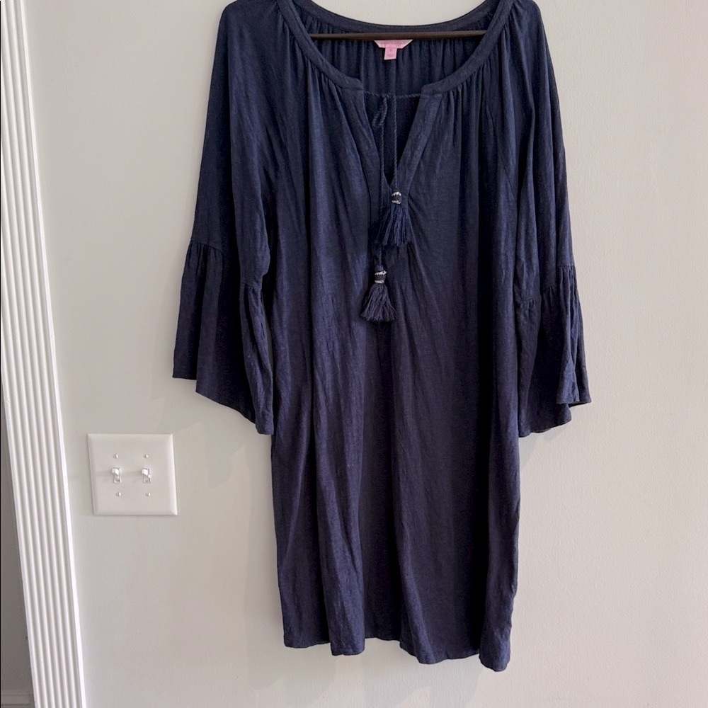 🌴 Lilly Pulitzer Blue Tunic Dress with Tassels XL ruffle sleeve Classic & Pretty